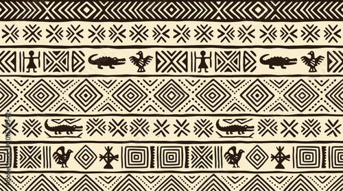 Bild auf Leinwand African Tribal Seamless Pattern with Geometric Shapes, People, and Animal Motifs