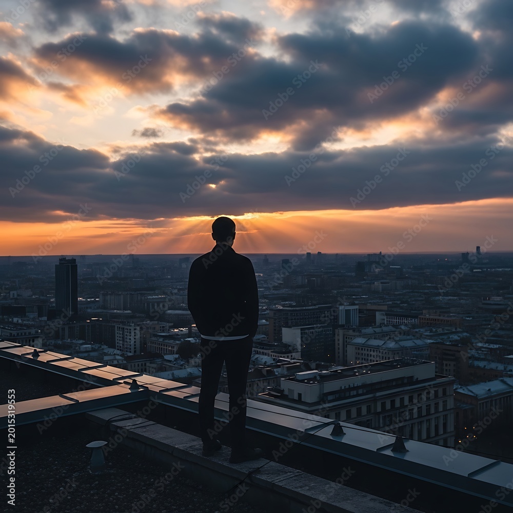 Fototapeta premium Lone figure surveys vast city from rooftop at dramatic sunset with sunbeams