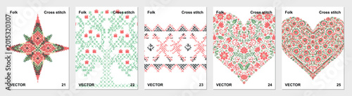 Tableau sur toile Folk Hearts Tree Patterns Set Embroidery X-stitch Bundle Needlework Seamless Fra