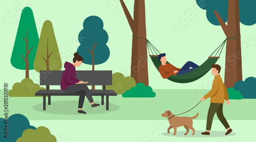 People enjoying leisure activities in a park: reading, relaxing, dog walking