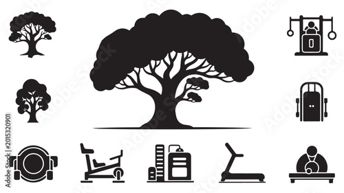 Black silhouette tree and gym equipment icons, oak tree nature symbols, fitness workout machine vector set, flat health and wellness graphics