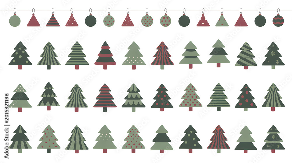 Obraz premium Collection of festive Christmas trees and ornaments in a flat design style