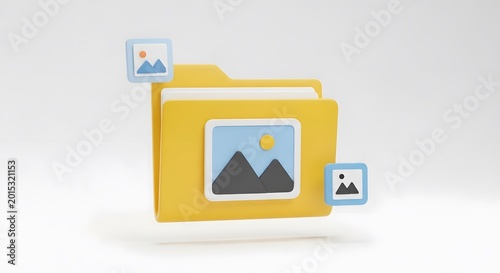 Digital file management and media organization concept, 3D flat style yellow folder icon with an image thumbnail on the front