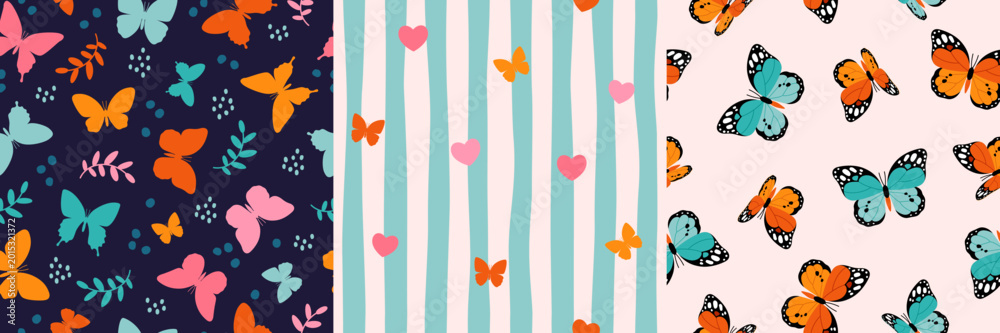 Fototapeta premium Cute spring butterfly pattern set, retro grid, dots, wavy lines, and hearts. Romantic background textile design. Nature graphic element, summer pastel wallpaper. Blue orange pink colors