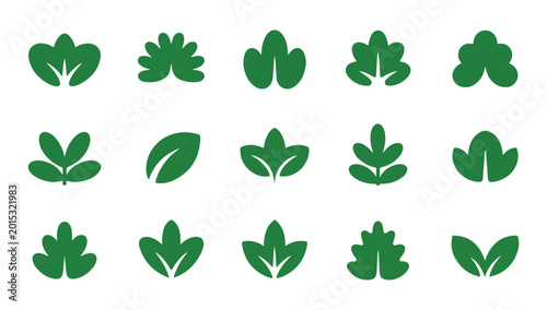 Green leaf icons set nature plant shapes isolated on white background simple elegant design.
