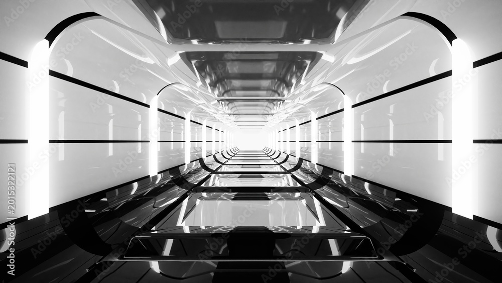 Fototapeta premium Futuristic clean tunnel interior with glossy floor and light symmetry