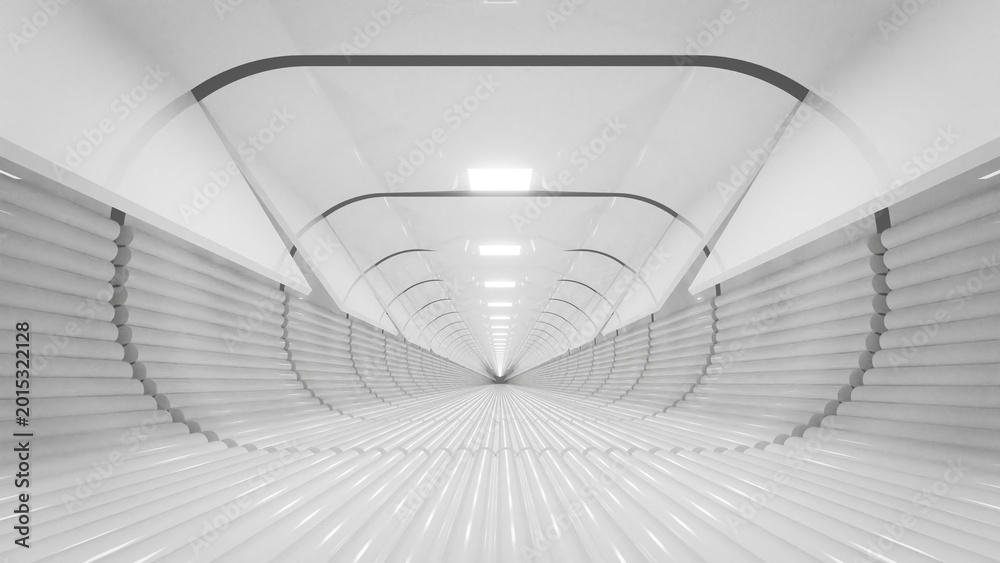 Fototapeta premium Minimal white tunnel corridor with ribbed walls and central perspective