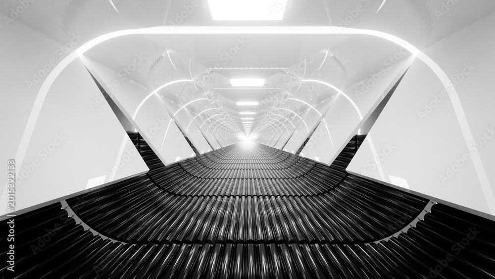 Fototapeta premium Curved white futuristic corridor with black floor and bright symmetry