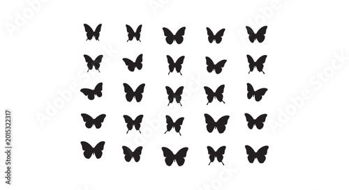 Grid of multiple black butterfly silhouettes with varied wing shapes and sizes on a white background.