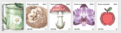 Photos Watering Can Mushrooms Orchid Set Collection Vector Needlework Isolated Clipart