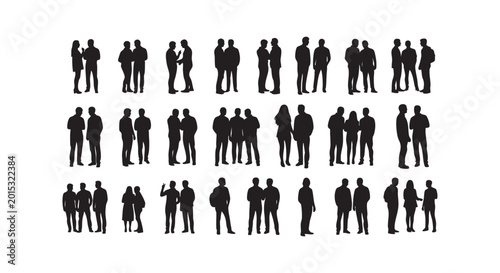 Group of black silhouettes depicting people in casual poses standing talking or walking isolated on white background set.