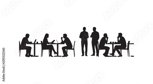 Group of business people silhouettes working and meeting at tables in office or cafe environment.