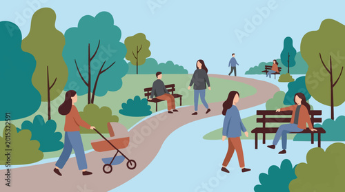 Tableau sur toile People enjoying leisure activities in a park with flat design illustration