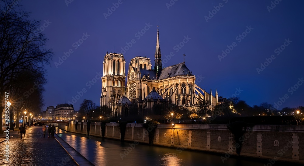 Fototapeta premium Lit cathedral at dusk beside a dark river with cobblestone walkway and streetlights