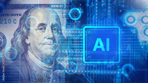 Konstfotografi Financial technology, artificial intelligence chip and US dollar banknote symbol