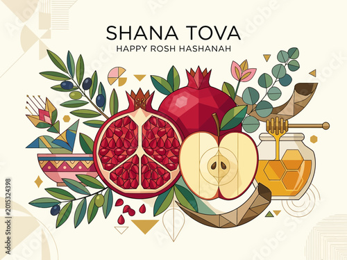 Schilderij op canvas Happy Rosh Hashanah Jewish New Year Vector Illustration with Pomegranate, Apple,