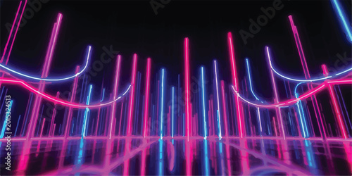 Tableau sur toile Vertical blue and pink neon light grid reflected on dark reflective surface