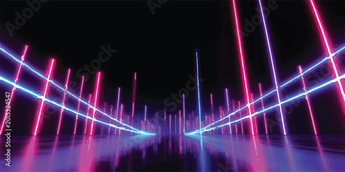 Schilderij op canvas Perspective view of parallel blue and pink neon light lines on dark reflective