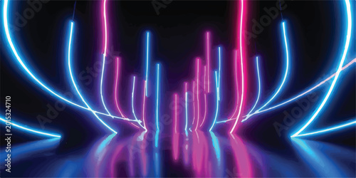 Foto Futuristic neon light tunnel with pink and blue glowing lines and reflections