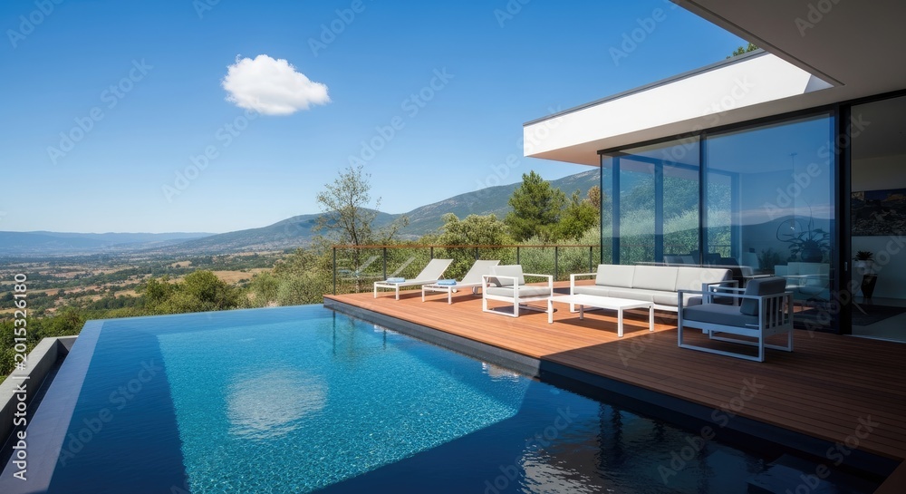 Fototapeta premium Modern infinity pool with wooden deck and outdoor furniture overlooking mountains