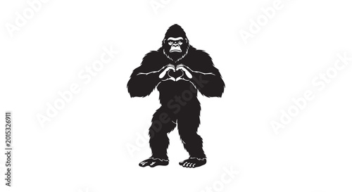 Minimalist black silhouette of standing gorilla making heart shape with hands for wildlife or conservation concepts.