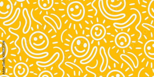 Fotografie Seamless pattern of white smiling faces and suns on yellow background