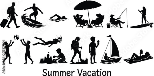 Obraz na plátně Summer vacation silhouettes people with luggage surfing swimming and boating