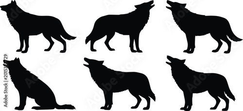 Fotografie wolf silhouette pack icons set animal canine wildlife vector shapes