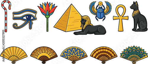 Schilderij op canvas Ancient Egyptian Symbol Collection with Pyramid Ankh Eye of Horus Bastet Scarab