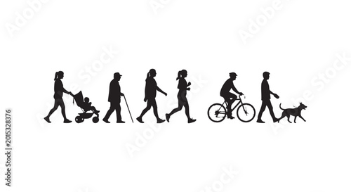 People silhouettes in various daily life activities including walking running and cycling isolated on white background.