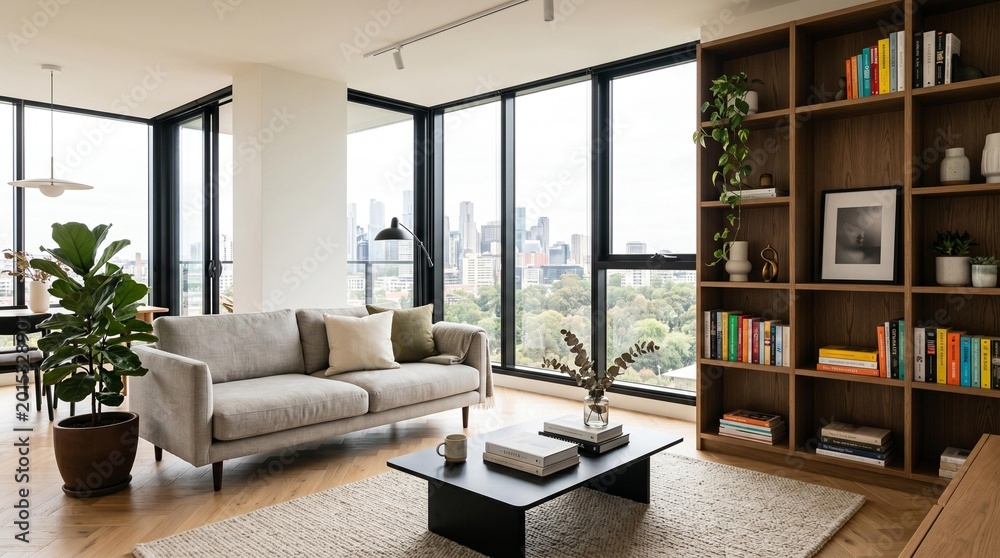 Fototapeta premium Modern living room interior with sofa, bookshelf, coffee table, plants, and city view