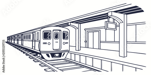 Photos Simplified line drawing of a modern electric train at a railway platform with pl