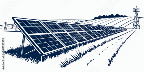 Obraz na płótnie Solar power plant farm with electricity transmission towers in rural landscape s