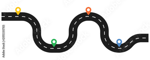 Winding road map path with colorful location pin markers for journey.
