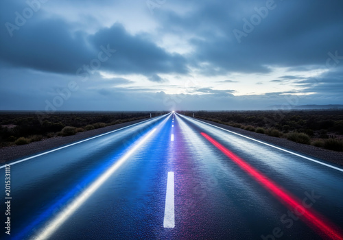 High speed highway with light trails at night