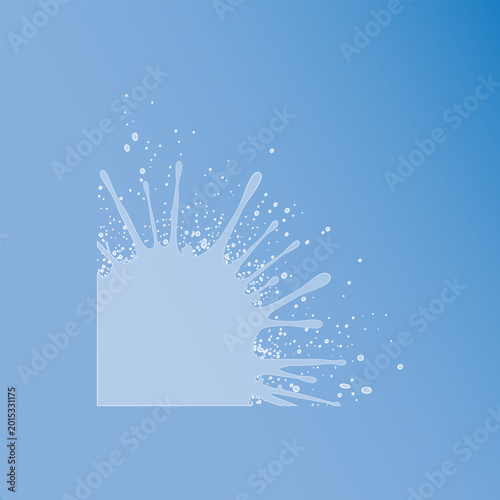 Glass effect a light blue paint splatter on a gradient blue background with white splashes and droplets morphism