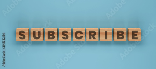 Foto Subscribe concept: A visually compelling arrangement of wooden blocks spelling out the word SUBSCRIBE against a minimalist, clean, inviting, and light blue backdrop
