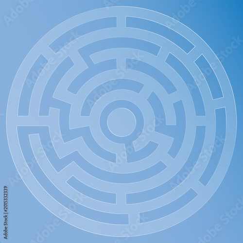 Glass effect circular blue maze with a gradient background and a white outline design morphism