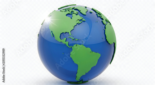 Globe planet Earth shows the western hemisphere with blue oceans and green landmasses isolated on a white background.