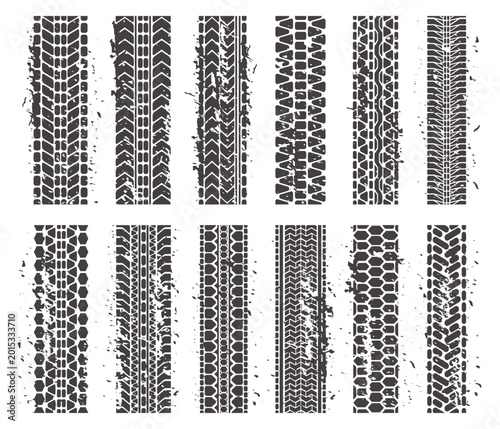 Tire marks Car tire dirty grunge texture treads automobile or motorcycle tire traks set