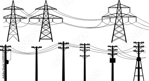 Billede på lærred Collection of electricity pylons and utility poles with wires in silhouette powe