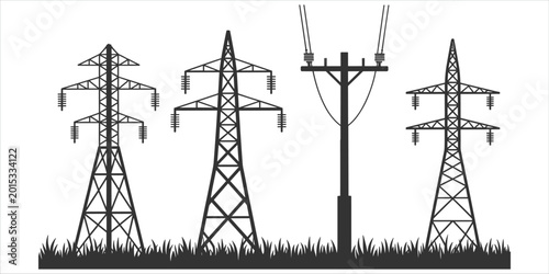 Foto Silhouette of power transmission towers and utility pole with grass electricity