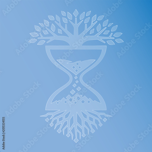 Glass effect a stylized hourglass with a tree growing out of the top and roots at the bottom on a blue gradient background morphism