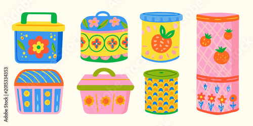 Fotografía colorful vintage style kitchen canisters set hand drawn illustration