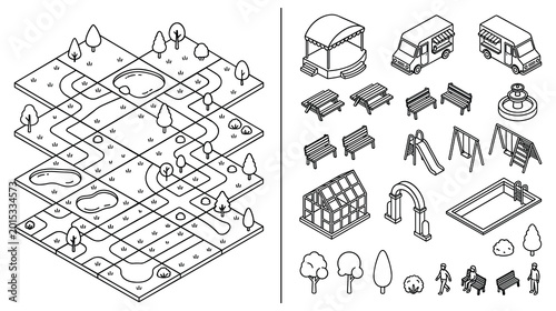 Isometric park diagram and elements for graphic design in line art.