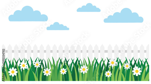 Canvastavla Green grass and white daisies with picket fence and blue sky.