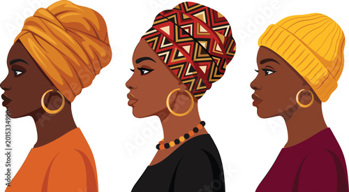 Photos African Women Portrait Illustration Set with Traditional Headwraps, Cultural Fas