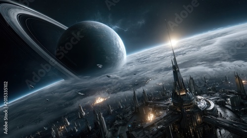Futuristic city on an asteroid orbiting saturn sci-fi art digital illustration cosmic environment wide-angle view space exploration