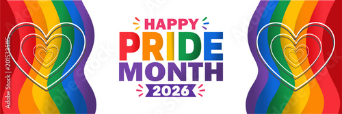 Flat illustration of 2026 Pride Month celebration banner with rainbow symbols and hearts for social media and marketing campaigns.