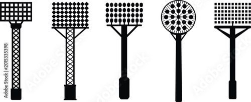 Quadro su tela Five black silhouette icons of different floodlight or spotlight towers with var